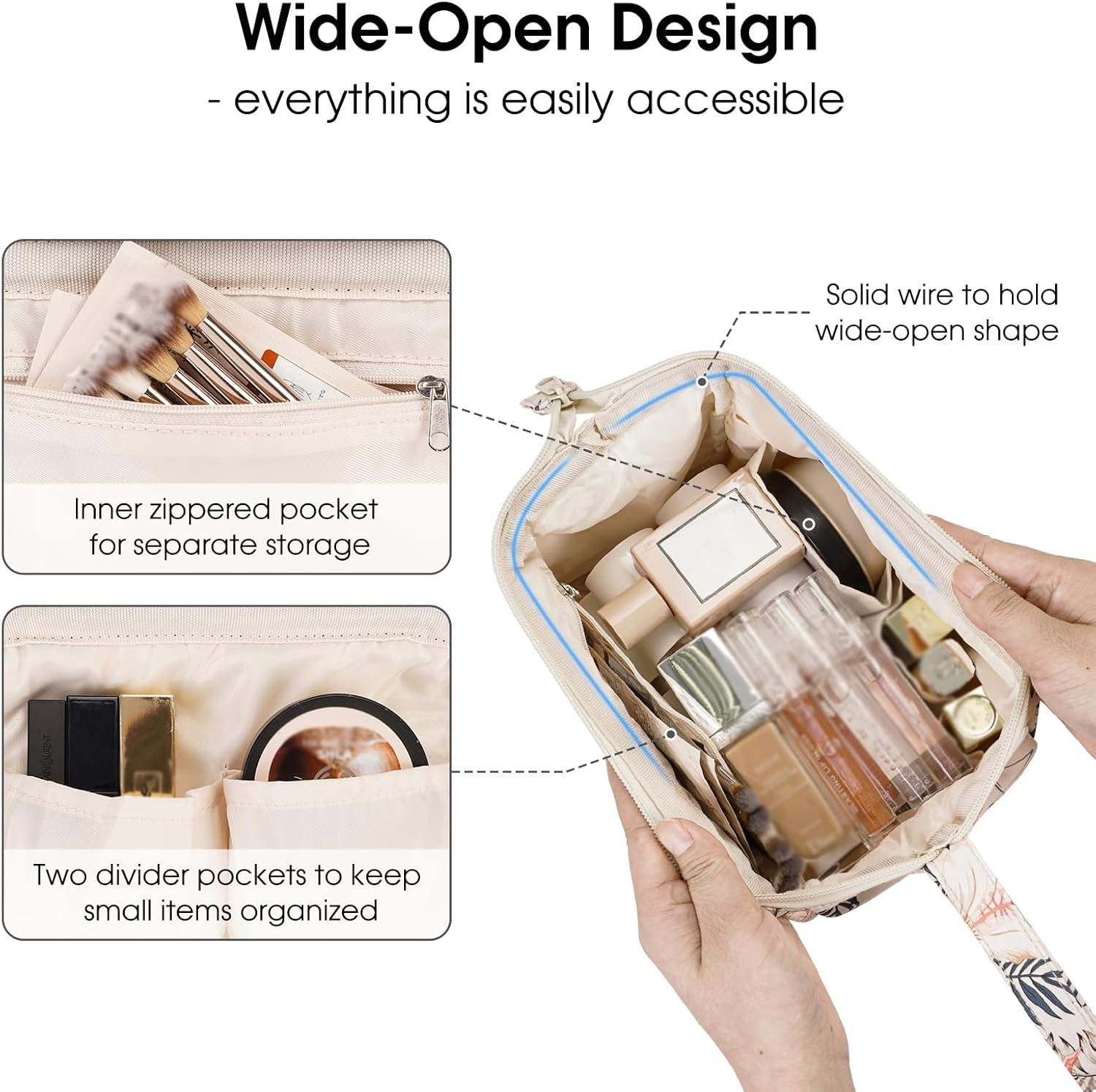 Detalle 2 de Narwey Klein Kulturtasche Damen – Weit geöffnete Kosmetiktasche mit Fächern, Beige Flamingo