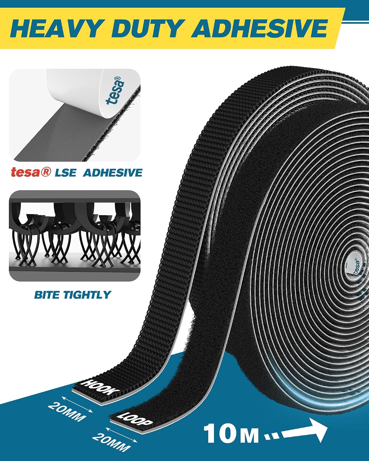 Thumbnail 1 de Emitever Heavy Duty Hook and Loop Tape – strong self-adhesive double-sided strip (Black, 20mm x 10m)