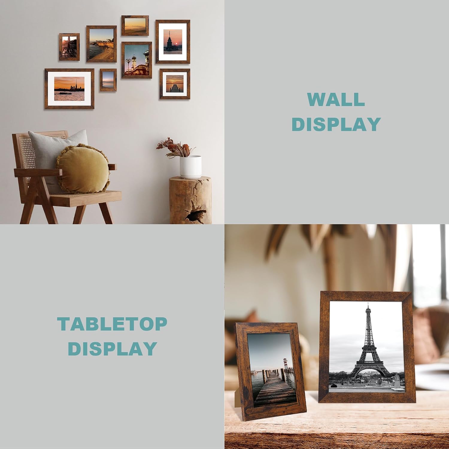 Thumbnail 5 de iRahmen 8.5x11 Picture Frame Set of 4 (Real Glass Rustic Frame) for Wall or Tabletop Display