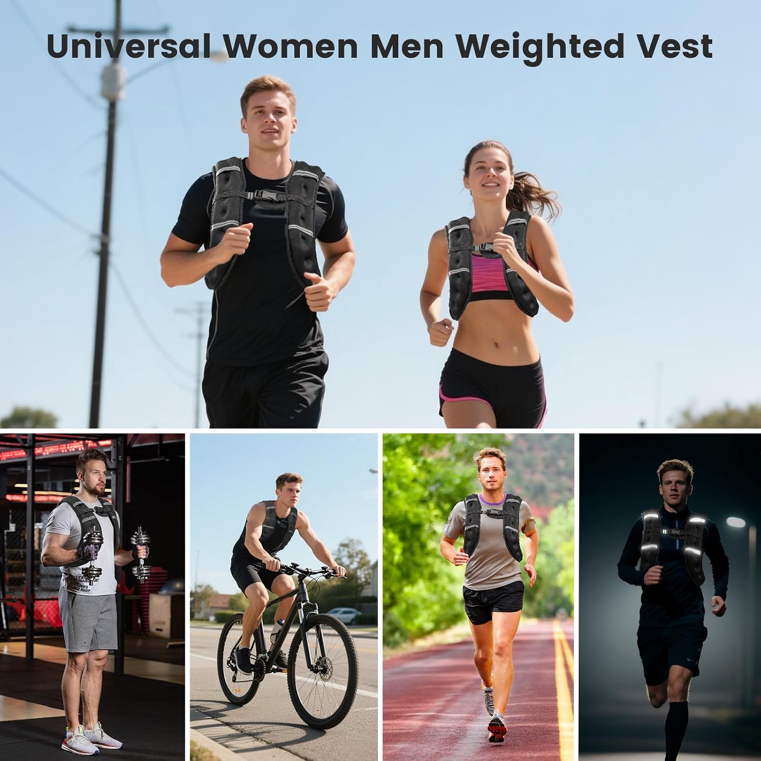Detalle de Wolliwa Weighted Vest for Men and Women — Adjustable Chest Size, Reflective Stripes, Breathable Fabric (6lb–30lb)