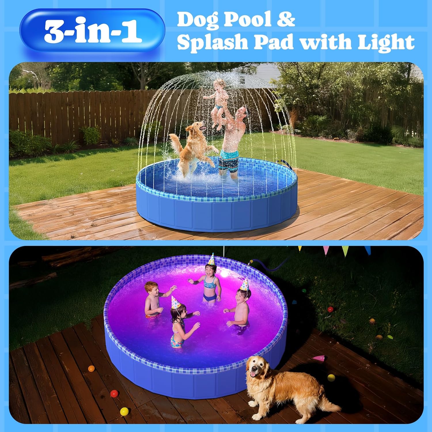 Detalle de Pawtners 72'' Foldable Dog Pool for Large Dogs: 3-in-1 LED Splash Pad, Pool, and Sprinkler