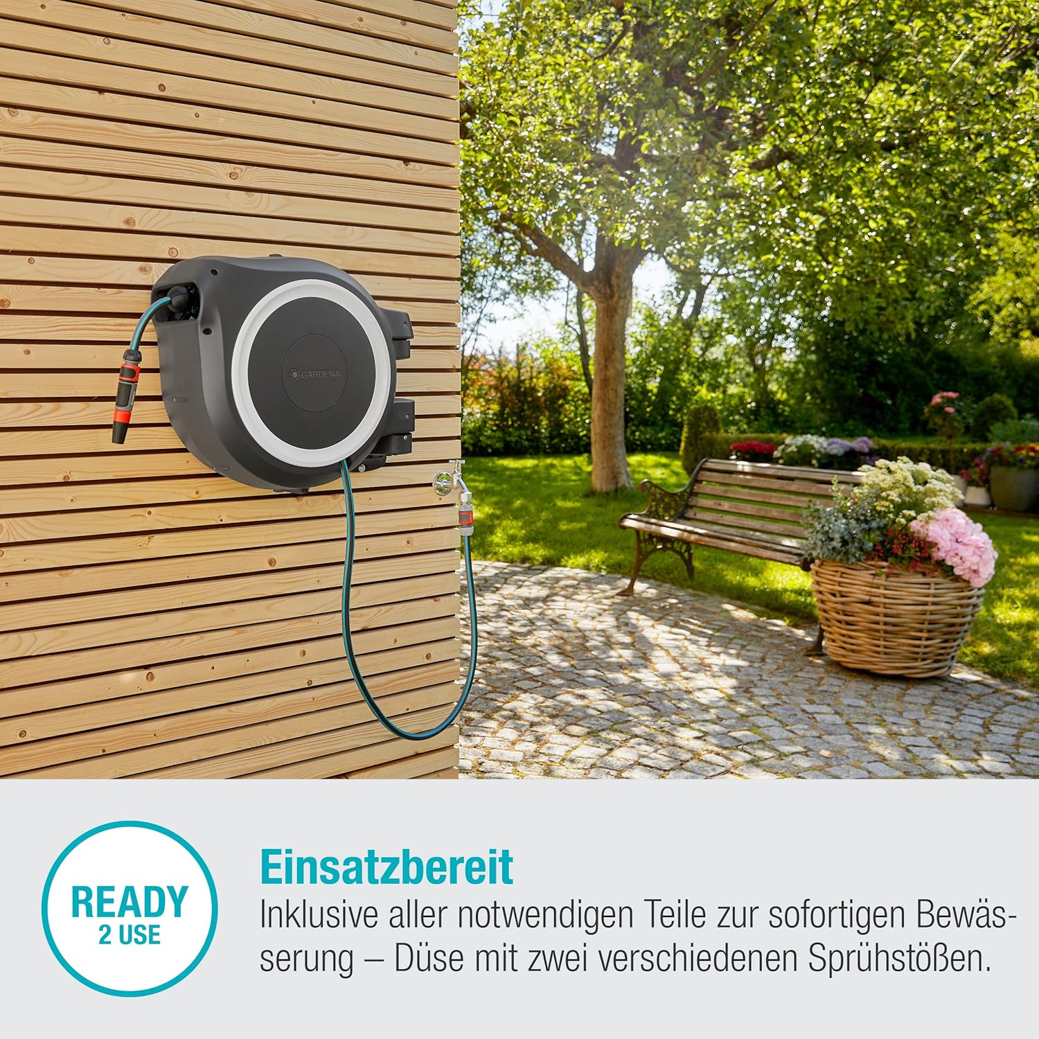 Detalle de Gardena Original Wand-Schlauchbox RollUp L (weiß) 30 m – zuverlässige Bewässerungslösung für große Gärten