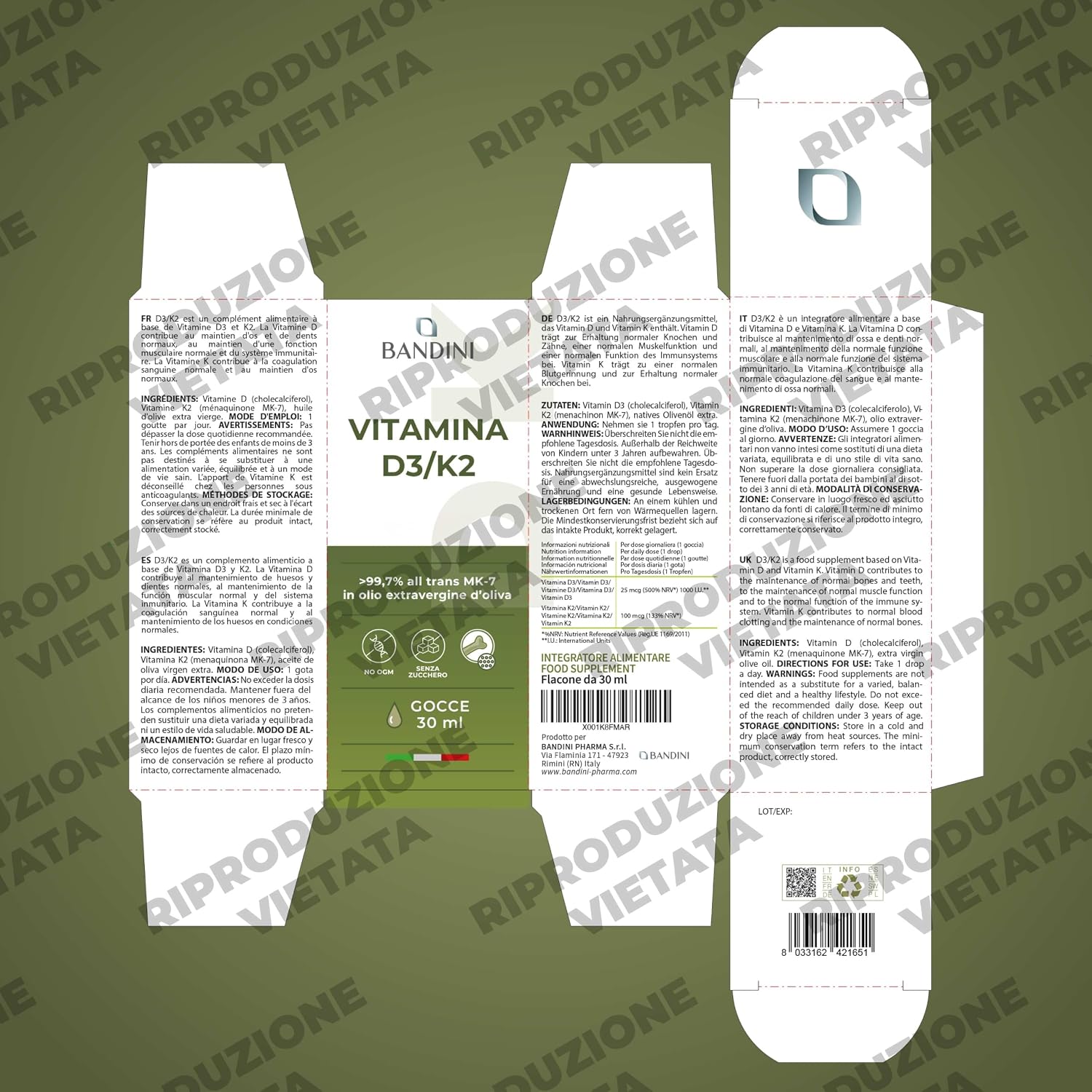 Detalle de BANDINI D3+K2 vitamine D3- en K2-druppels met olijfolie, 1000 IE per druppel