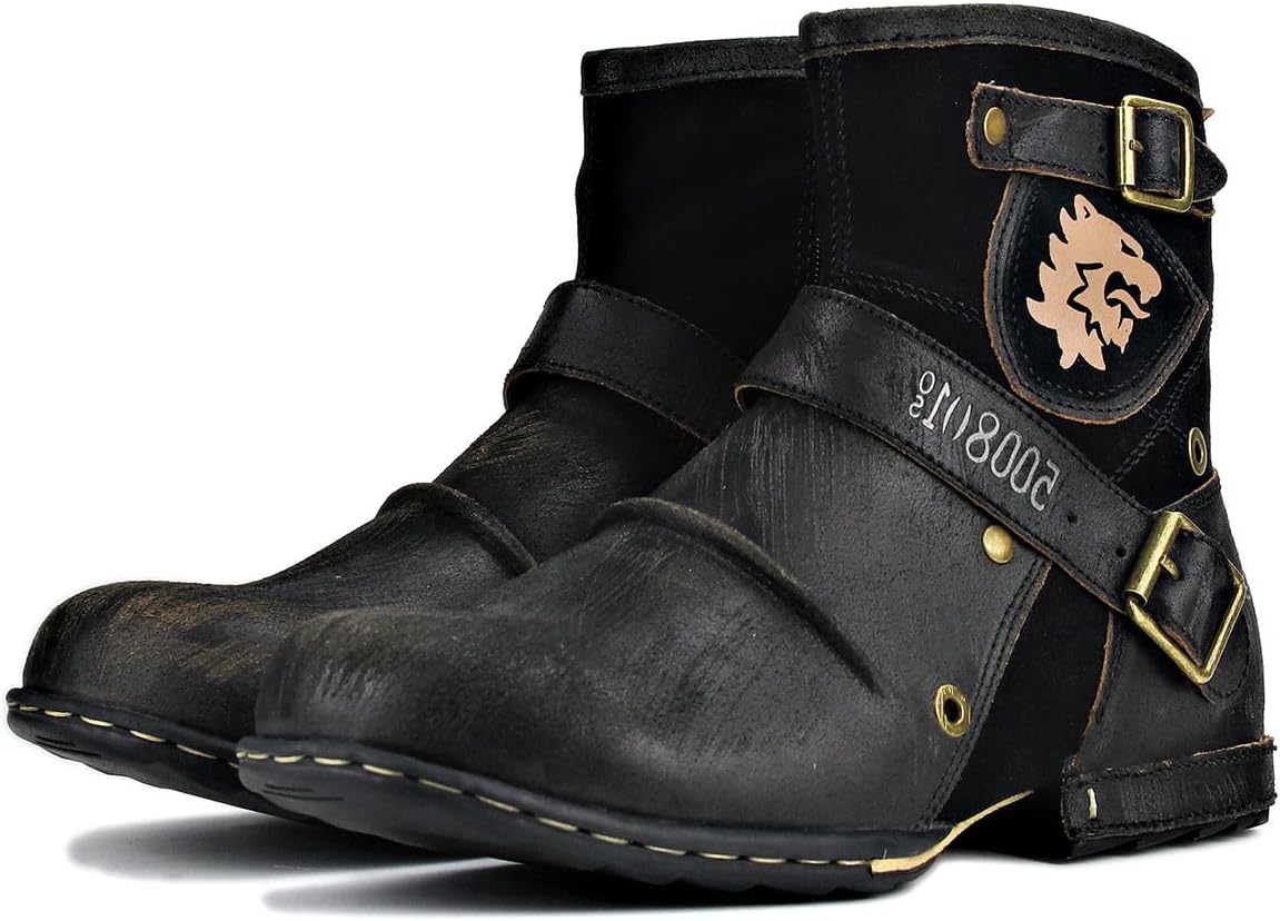 Detalle 2 de OSSTONE OS-5008-1 Herren Leder-Chukkastiefel mit Gummisohle – Worker & Biker Boot