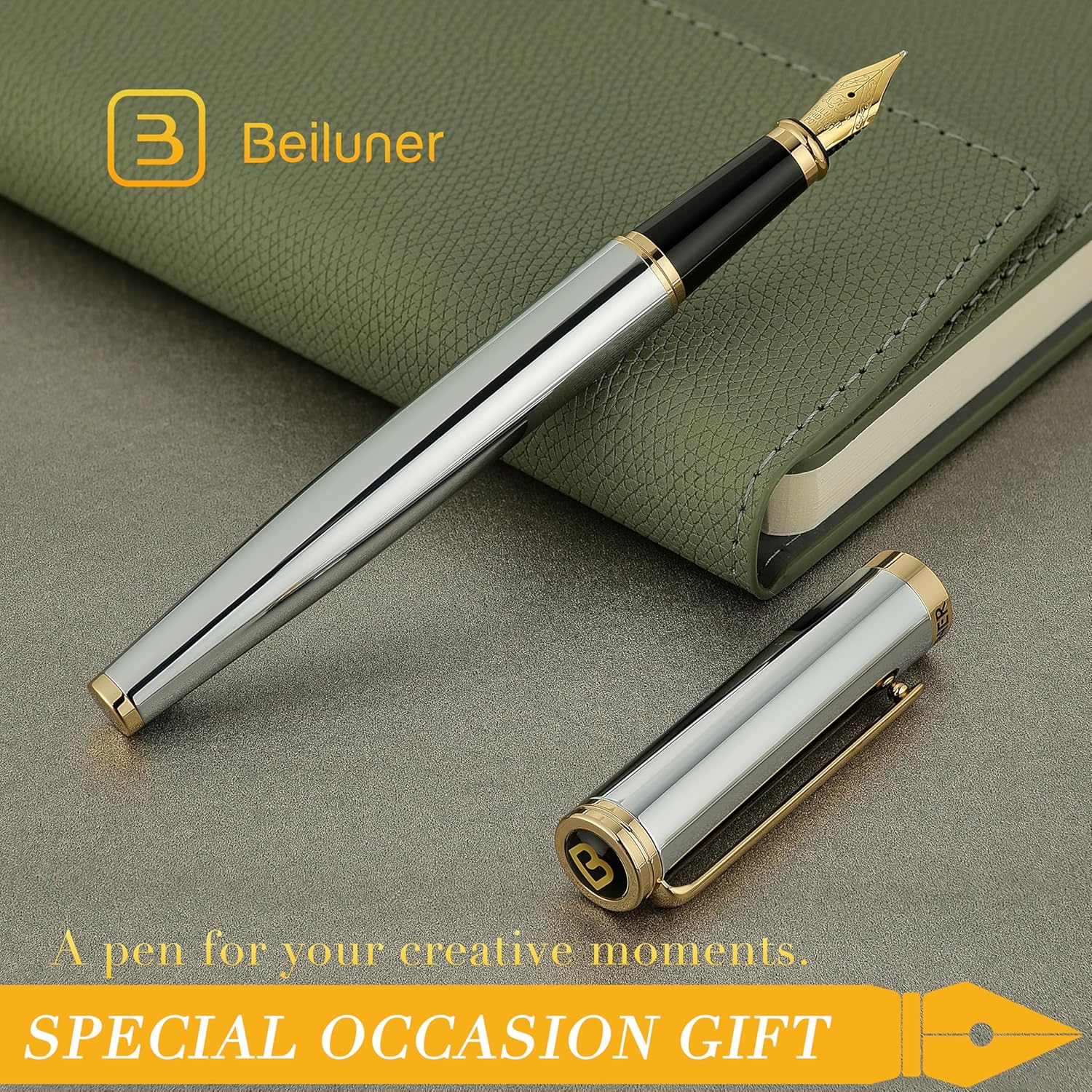 Thumbnail 6 de BEILUNER Penna Stilografica di Lusso: eleganza cromata con pennino 24K e kit completo