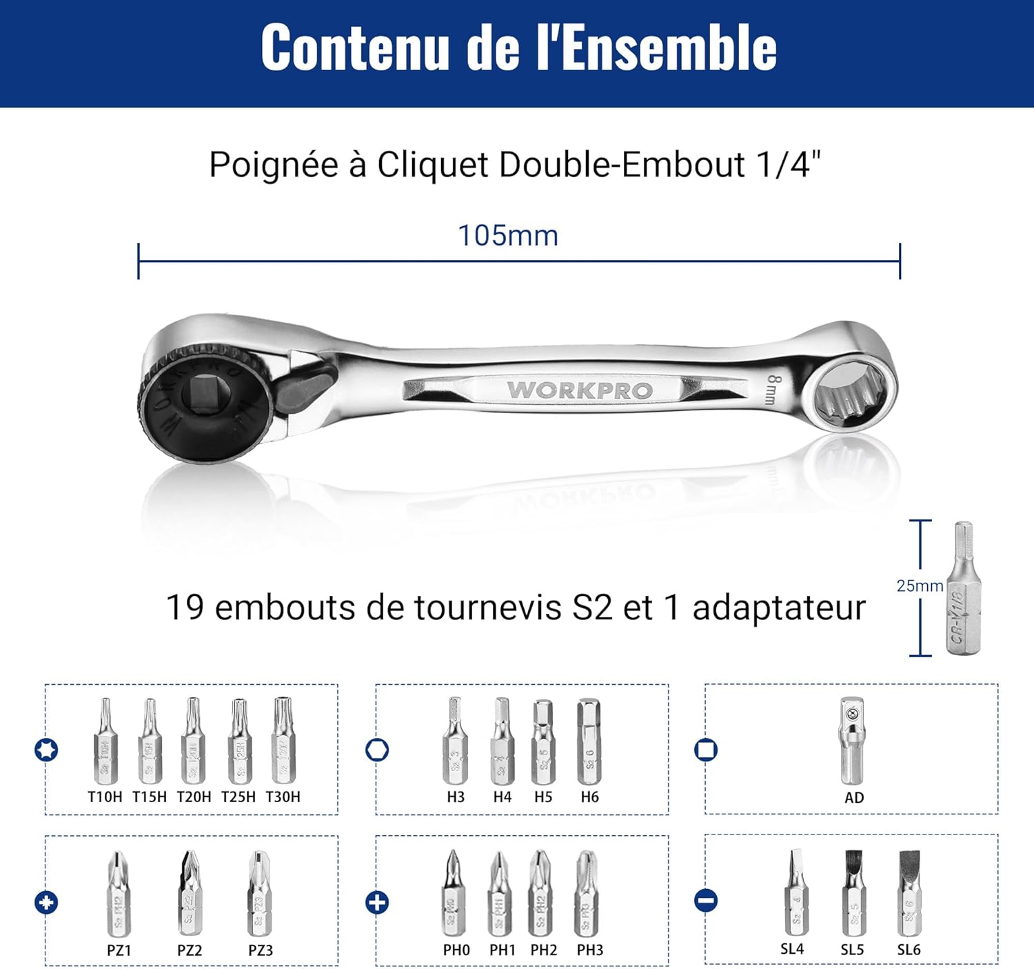 Thumbnail 1 de WORKPRO Mini clé à cliquet double tête 1/4" avec 20 embouts et mécanisme 72 dents (105 mm)