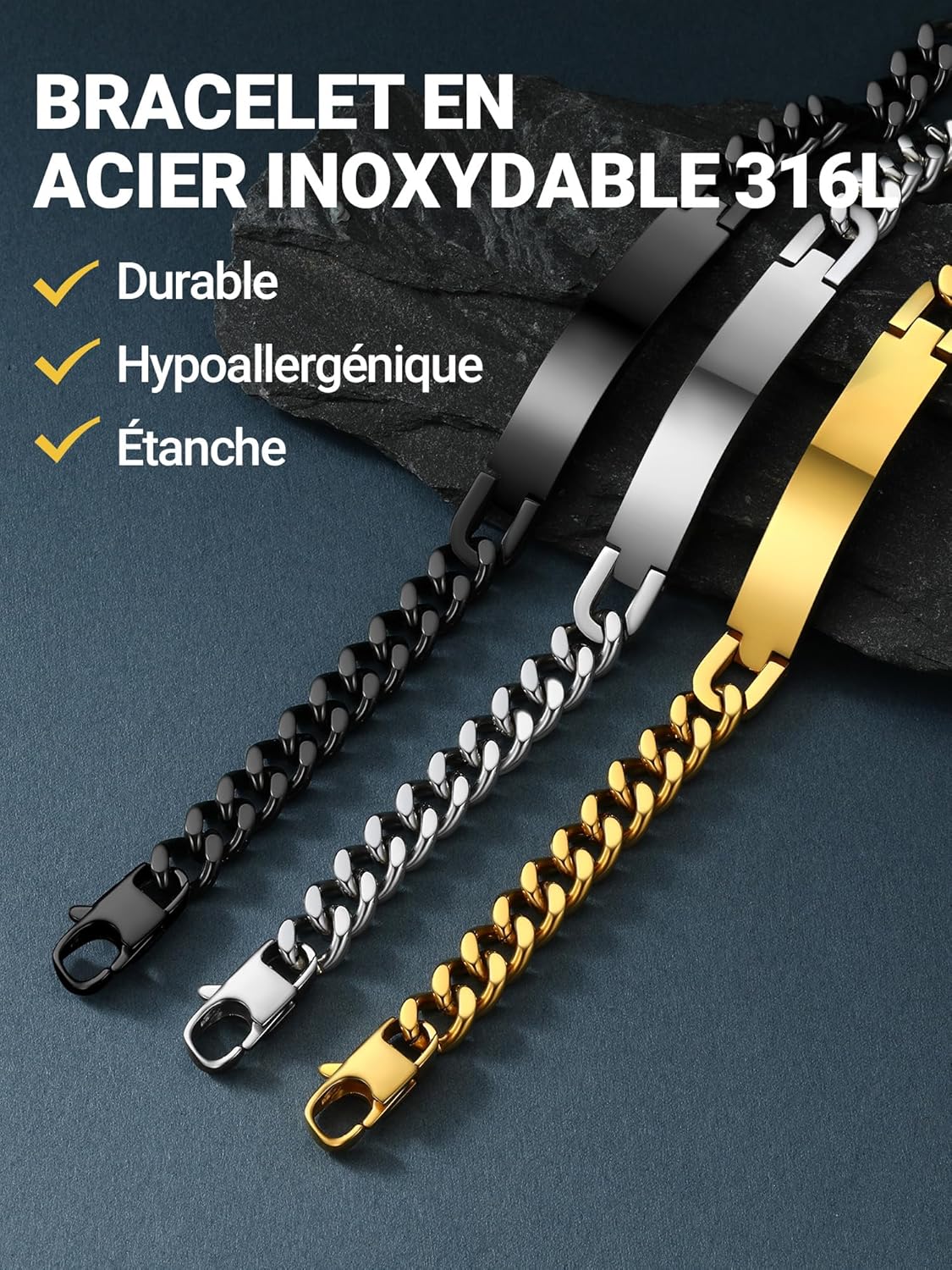 Thumbnail 5 de PROSTEEL Bracelet homme personnalisable en acier inoxydable 316L avec chaîne et plaque horizontale (largeur 10 mm)
