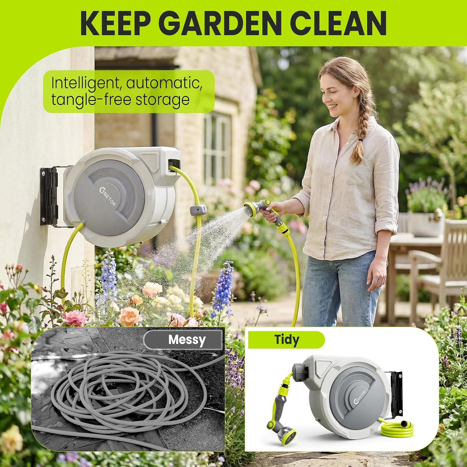 Thumbnail 1 de Bietor Retractable Garden Hose Reel (20m + 2m Lead) with 10-Pattern Nozzle, 180° Wall Mount, UV-Resistant & Slow Return