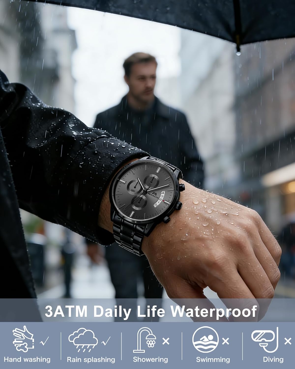 Thumbnail 4 de MEGALITH Herrenuhr aus Edelstahl mit Chronograph – großes Ziffernblatt, leuchtendes Datum, wasserdicht 3ATM
