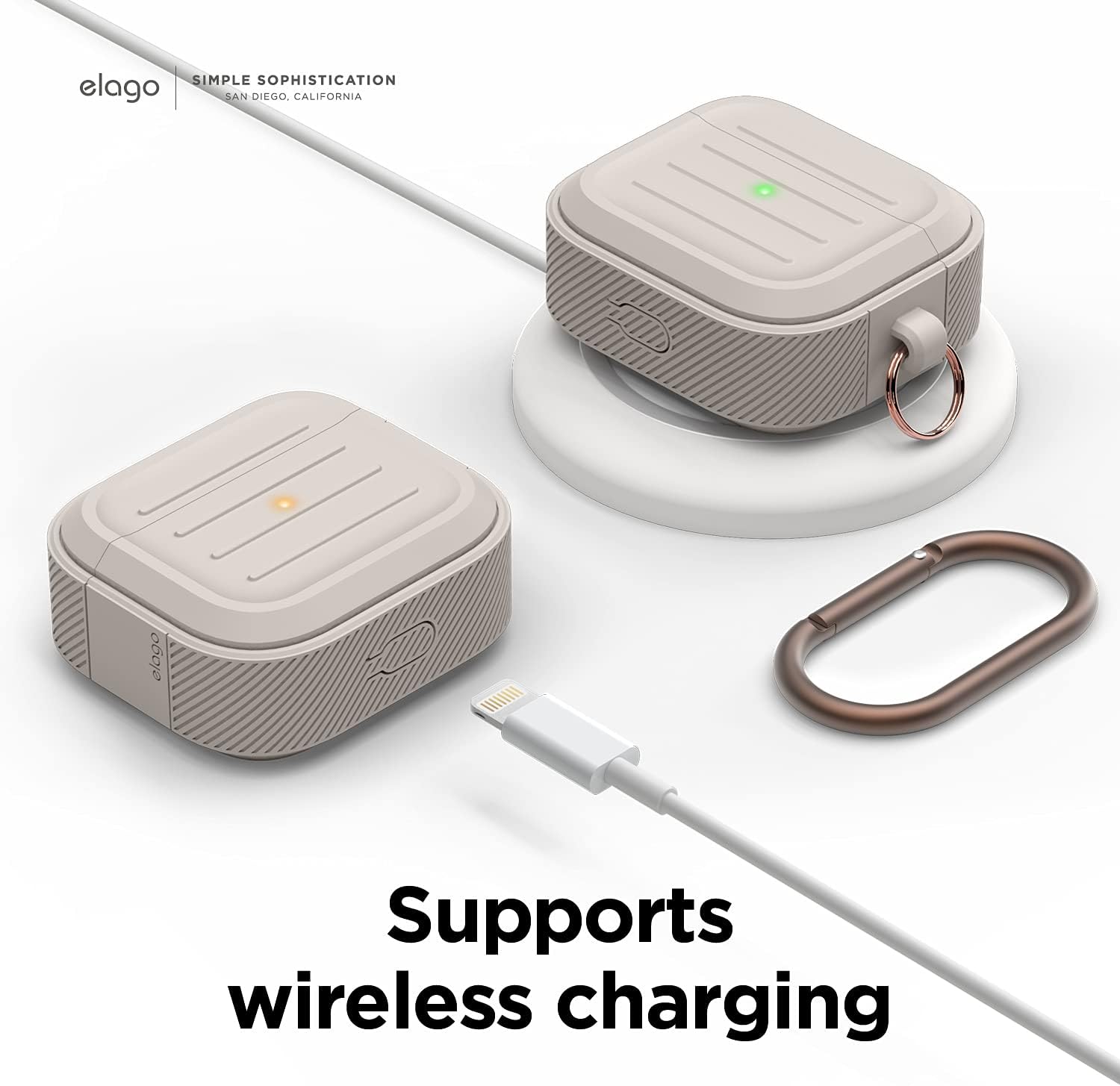 Detalle de elago Coque armée avec porte-clés pour AirPods 3 (Stone) : protection + recharge sans fil