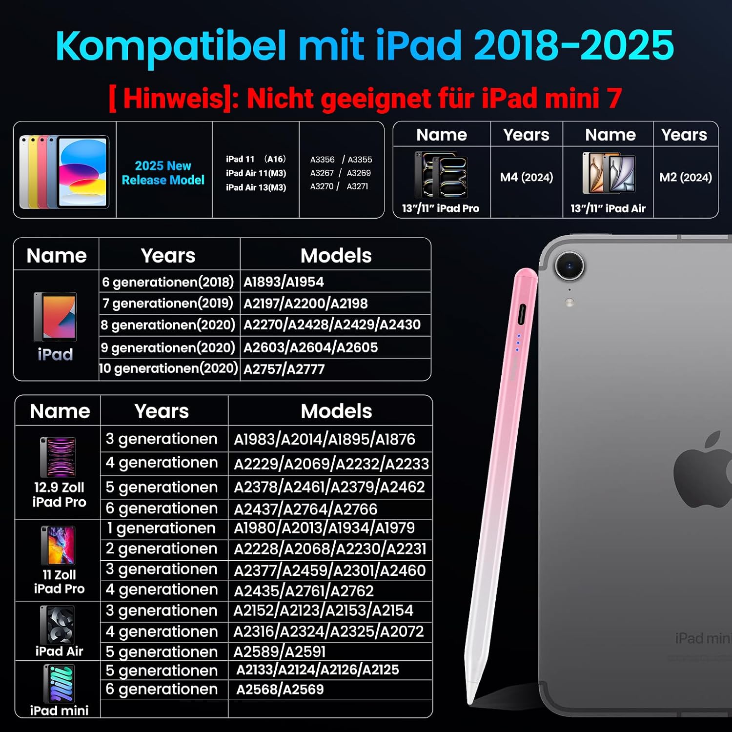 Thumbnail 6 de Stift für iPad 2018–2025 Rosa Schnellladung