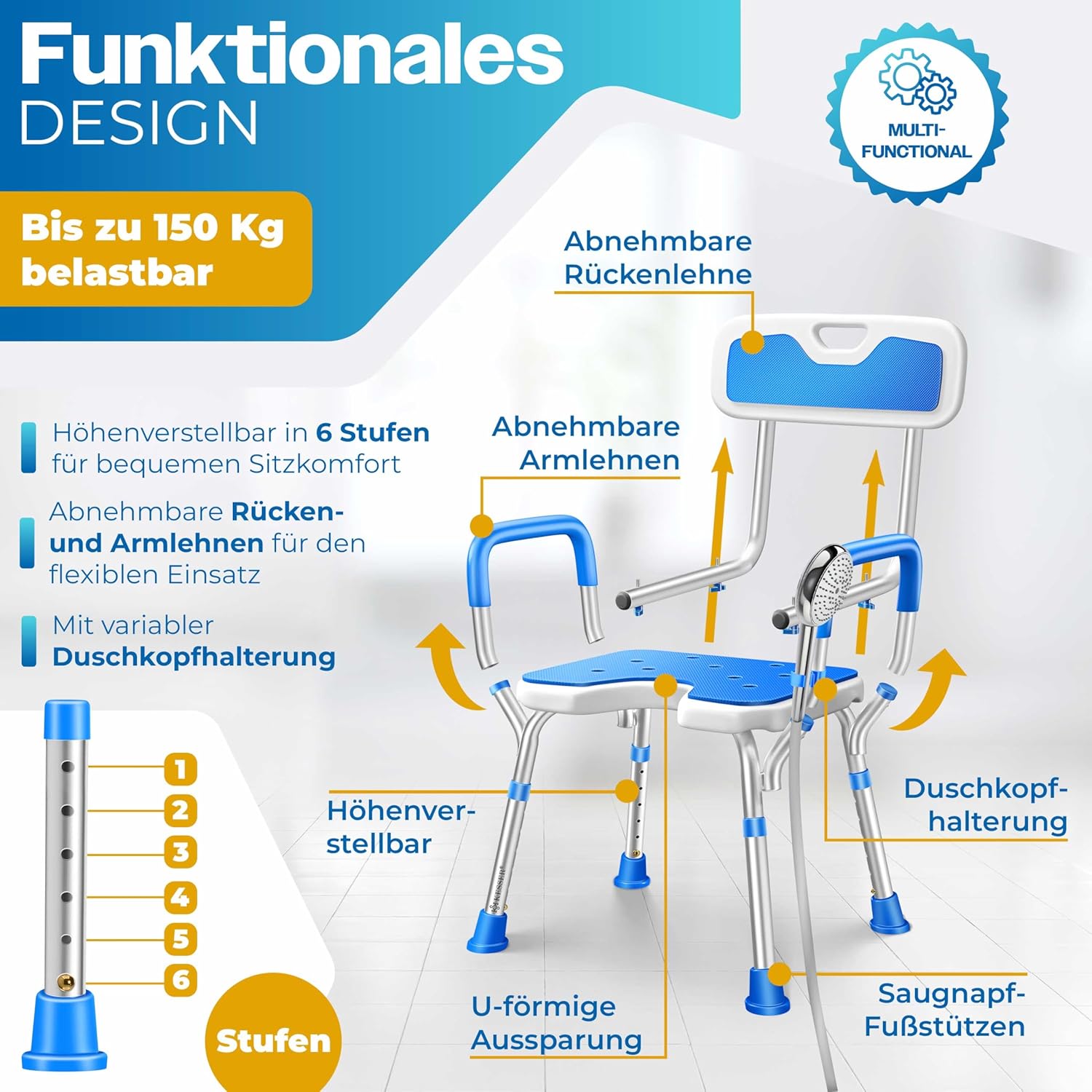 Thumbnail 3 de KESSER Duschhocker mit Lehne – vielseitiger Duschstuhl, 150 kg belastbar, 6 Höhenstufen 38–54 cm