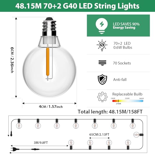 Detalle de FIFlying Catena Luminosa Esterno 48.15 m G40 IP54 – 70+2 LED, Bianco Caldo 2700K