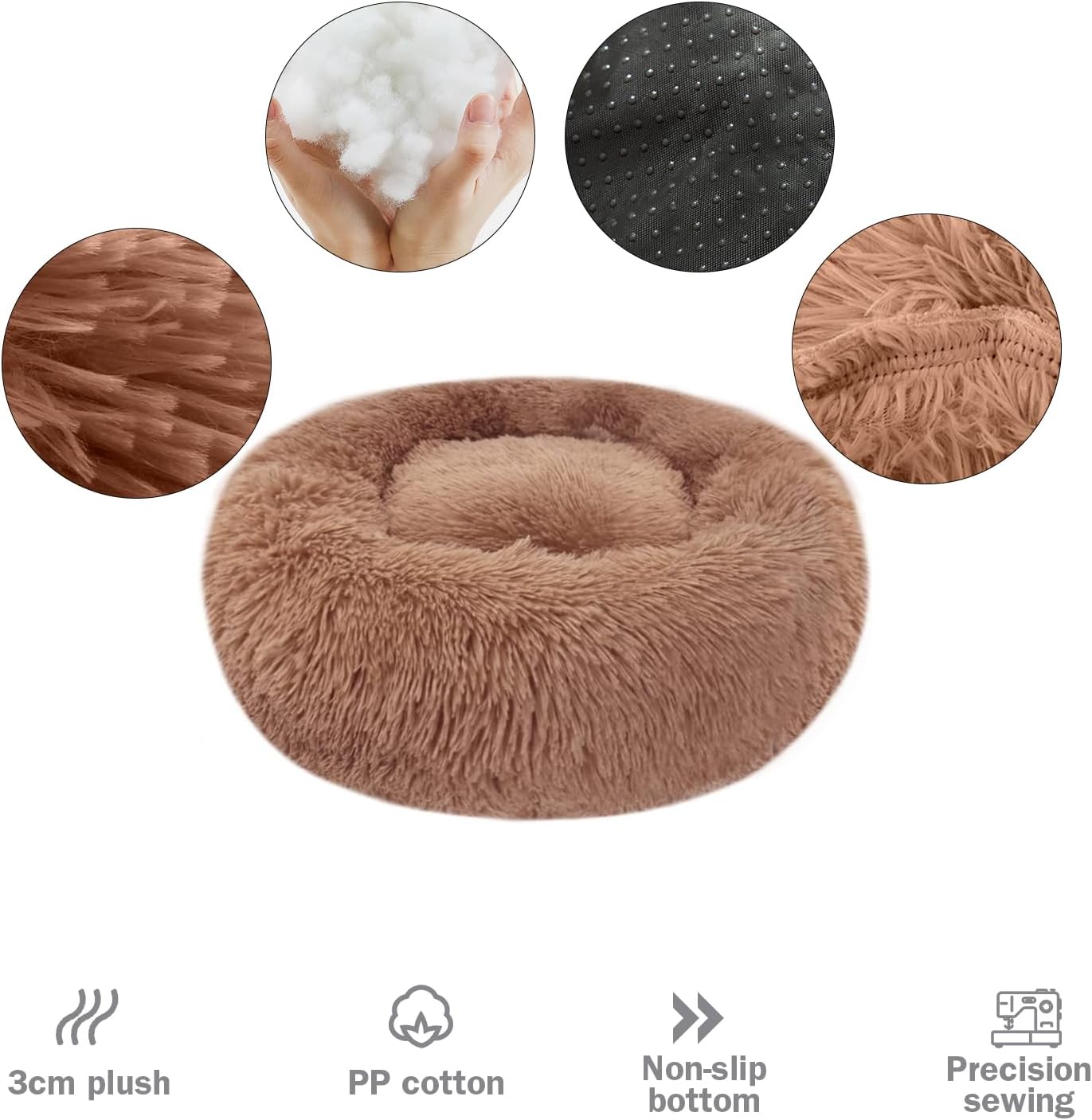 Detalle de Nepfaivy Calming Dog Cat Donut Bed (60cm) – Plush Round Nest for Small Pets