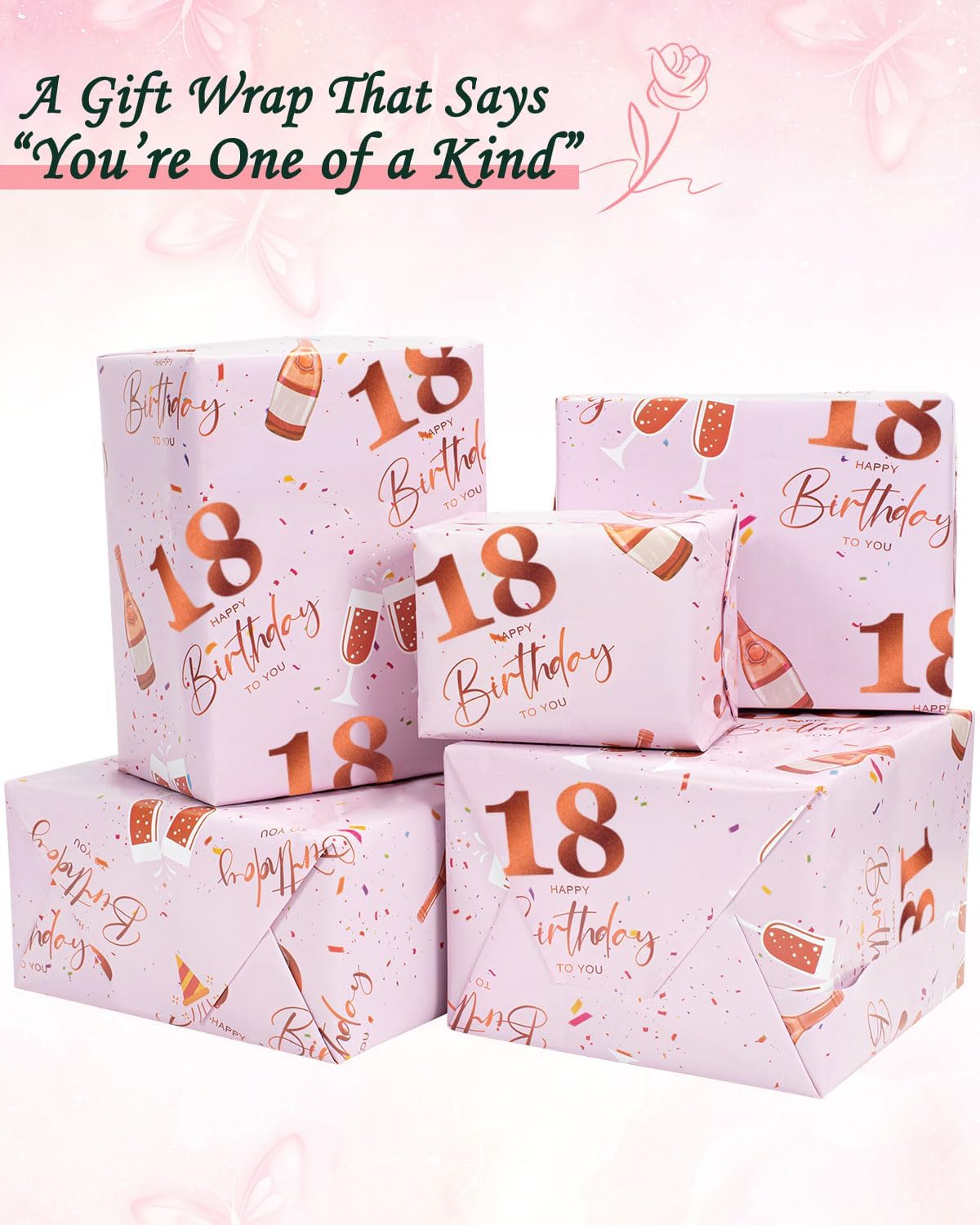 Thumbnail 2 de Vinuwu 6 Sheets 18th Birthday Wrapping Paper – Rose Gold Pink, 70x50cm