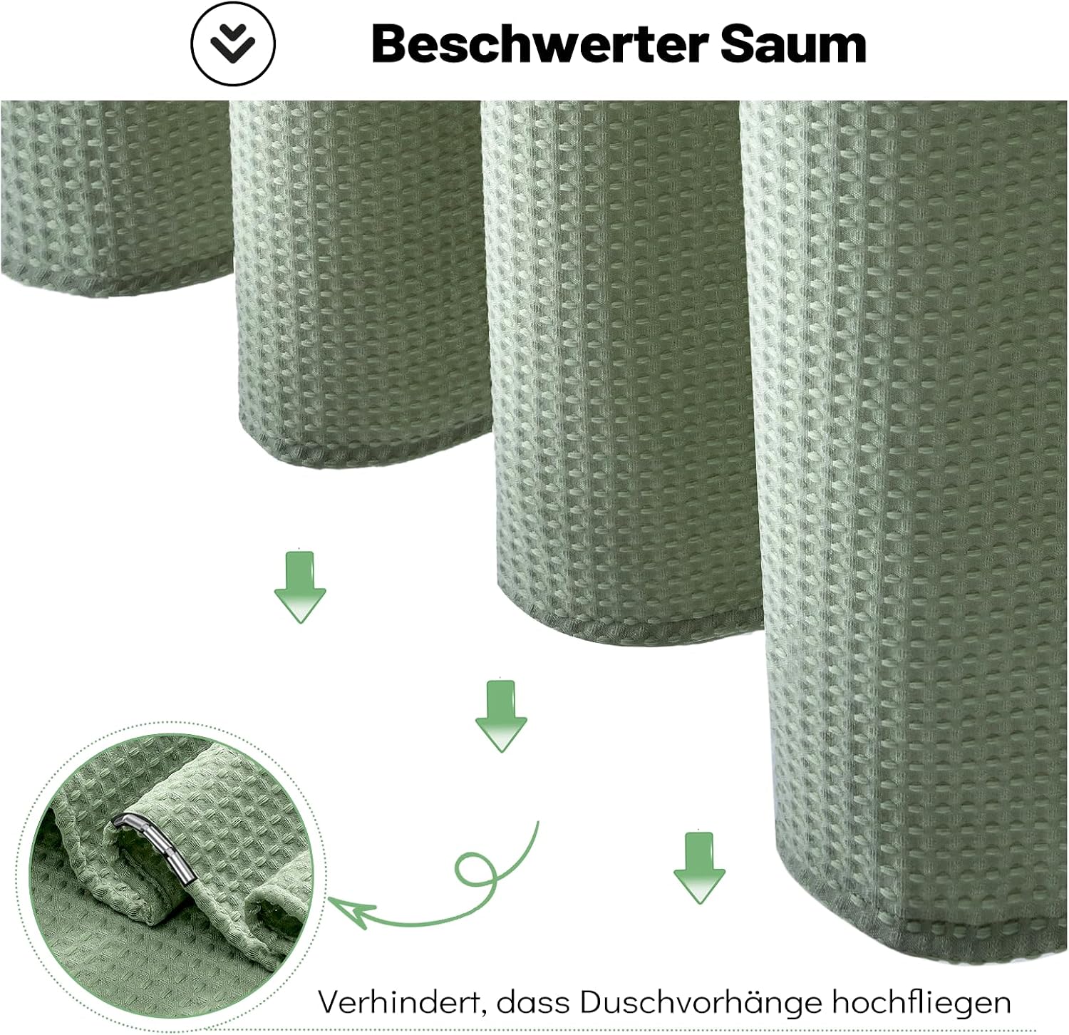 Thumbnail 6 de BTTN Duschvorhang Waffel 180x200 cm – Anti-Schimmel, schweres Waffelstoff mit wasserdichter Innenfolie, inklusive 12 Haken (Grün/Salbeigrün)