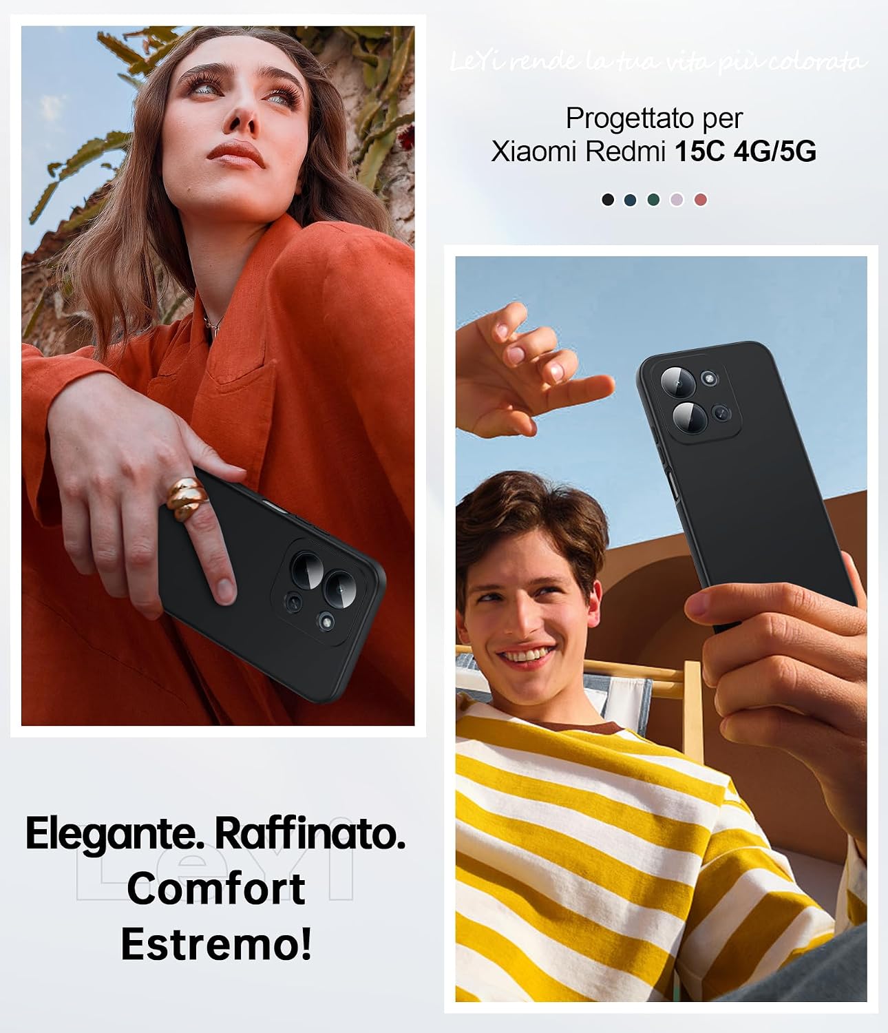Thumbnail 6 de LeYi Cover per Redmi 15C 4G/5G con vetro temperato (2 pezzi) e custodia ultra slim in TPU, protezione fotocamera, nero