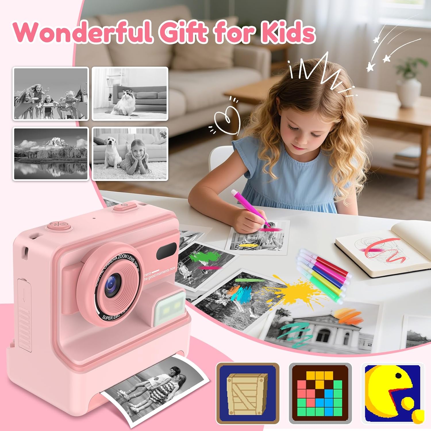 Thumbnail 6 de Kids Camera Instant Print: Dual Cam, 1080P Video, 3 Paper Rolls & 32GB Card (Pink)