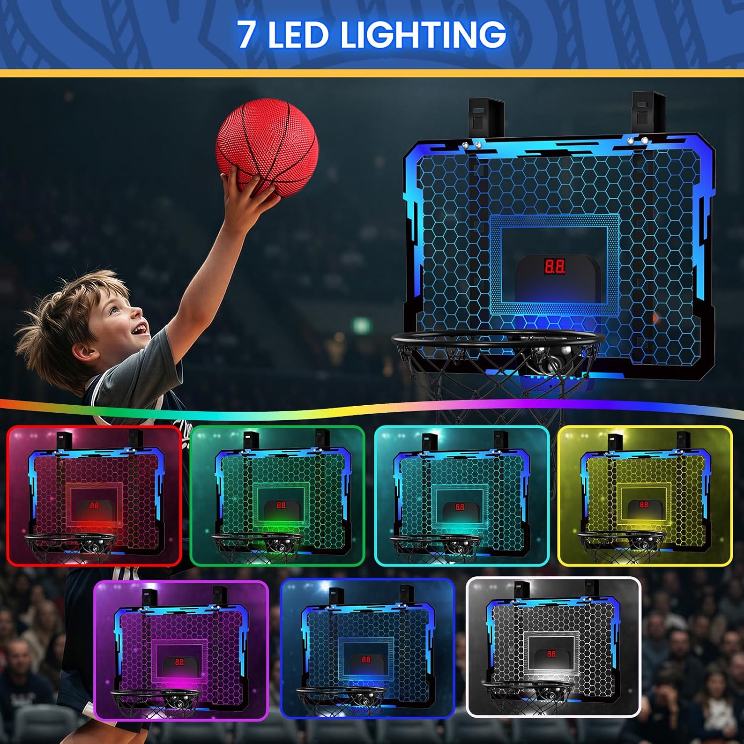 Detalle de QDRAGON Mini Basketball Hoop with Scoreboard, 7 LED Lights and Breakaway Rim