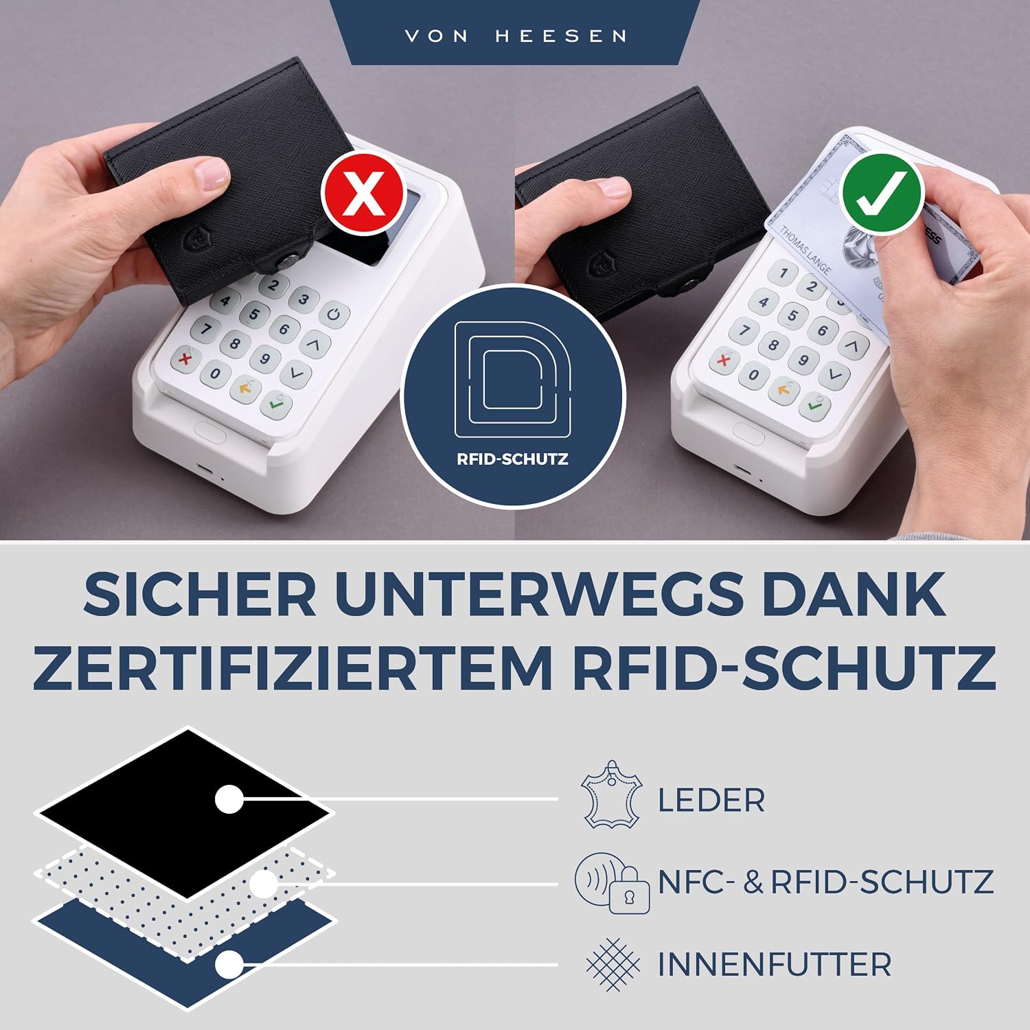 Thumbnail 2 de VON HEESEN Slim Wallet mit RFID-Schutz – Kompakte Geldbörse aus echtem Napa-Leder (Schwarz, Saffiano)