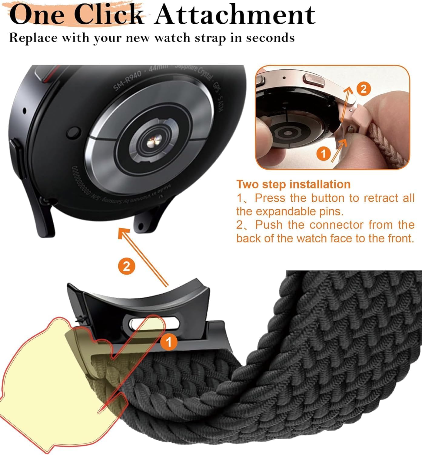 Detalle 2 de One Click Braided Strap for Samsung Galaxy Watch 7/6/5/4 FE – 20mm Elastic Parachute Strap in Various Sizes