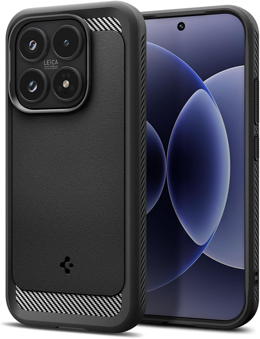 Detalle de Spigen Rugged Armor per Xiaomi 17, cover in nero opaco con bordo rialzato e Air Cushion