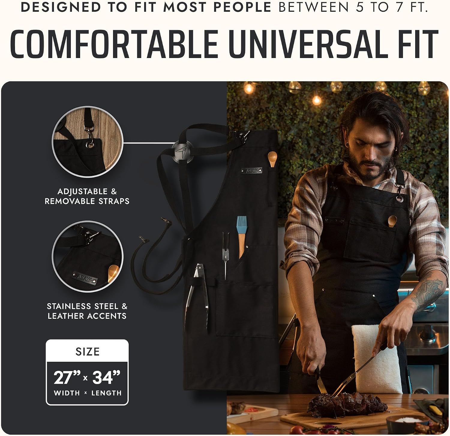 Thumbnail 4 de Asaya Chef and BBQ Apron with Bottle Opener and Hand Towel — 10oz Cotton Canvas, Cross Back Straps