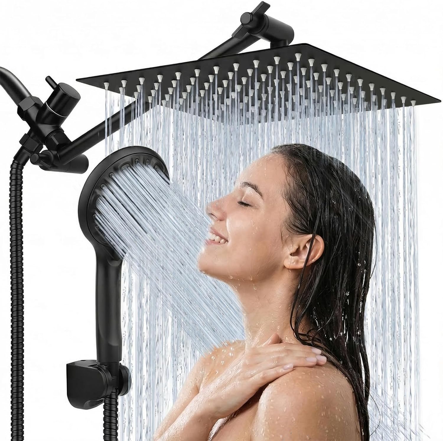 Detalle de Tudoccy SHP-HS Shower Head Combo (8" Rainfall + Handheld) in Matte Black with 11" Extension Arm