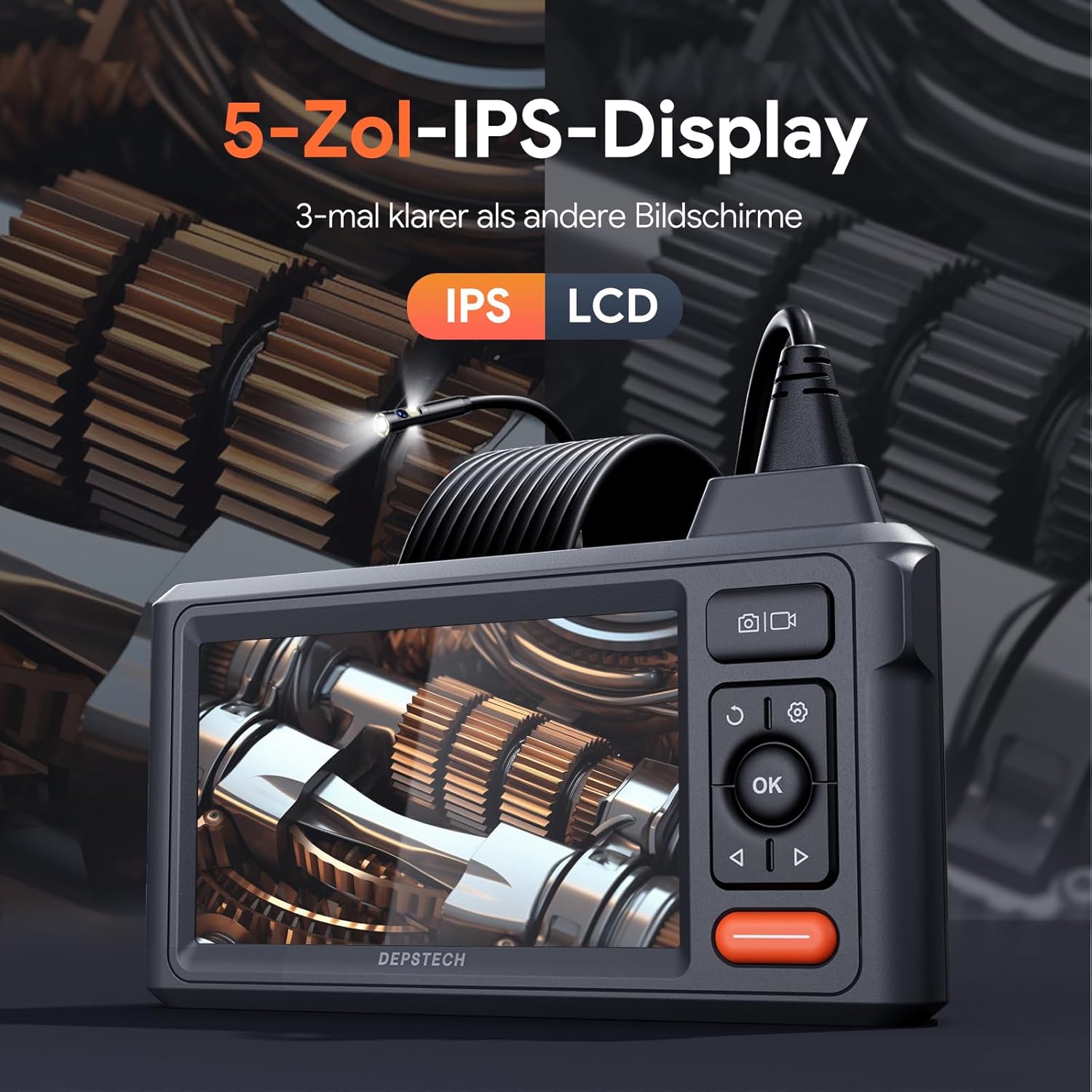 Detalle de DEPSTECH 15 m Endoskopkamera mit Licht (DS620), 8 mm, 5" IPS, Triple-Lens, IP67, 1080P und 32-GB-Karte