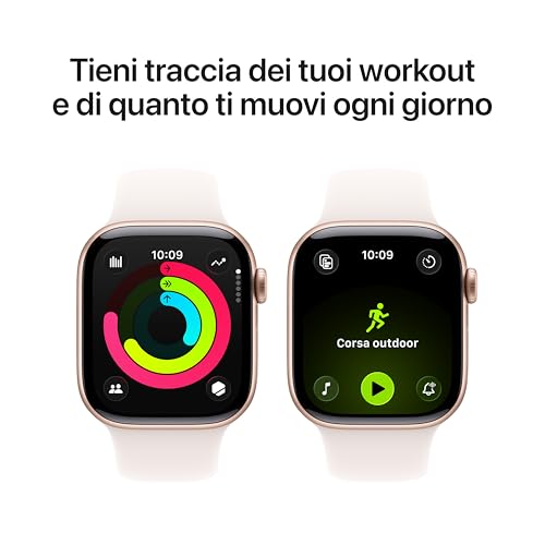 Detalle de Apple Watch Series 11 GPS, cassa 42 mm in alluminio dorato rosa con cinturino Sport rosa fard - taglia S/M