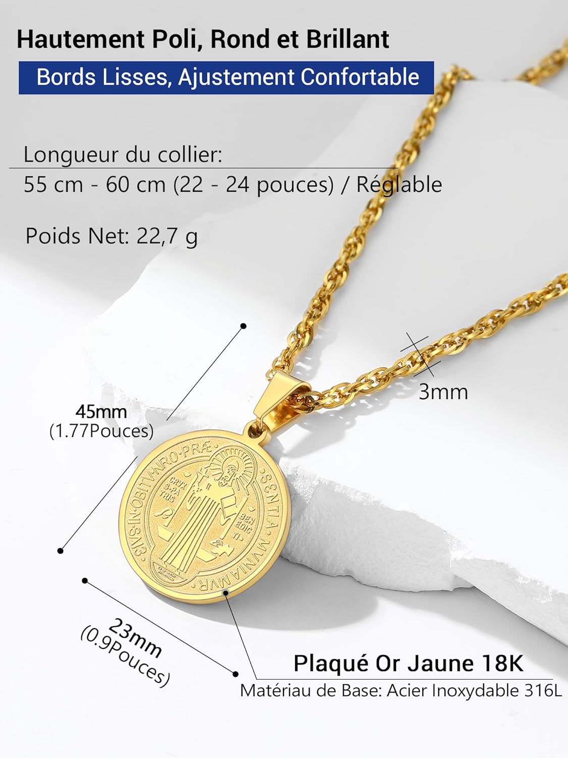 Thumbnail 4 de PROSTEEL Collier Saint Benoît homme en acier inoxydable 316L, pendentif rond/ovale avec chaîne ajustable