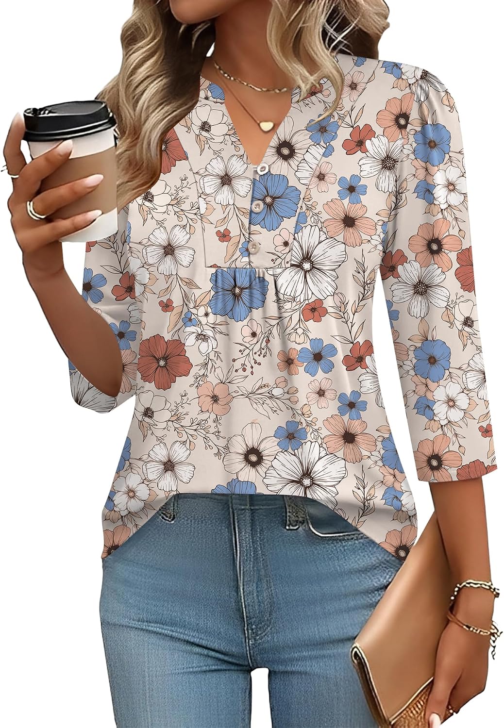 Detalle de IECCP 3/4 Sleeve Henley V-Neck Pleated Top (Womens) — Loose Fit Dressy Casual Blouse