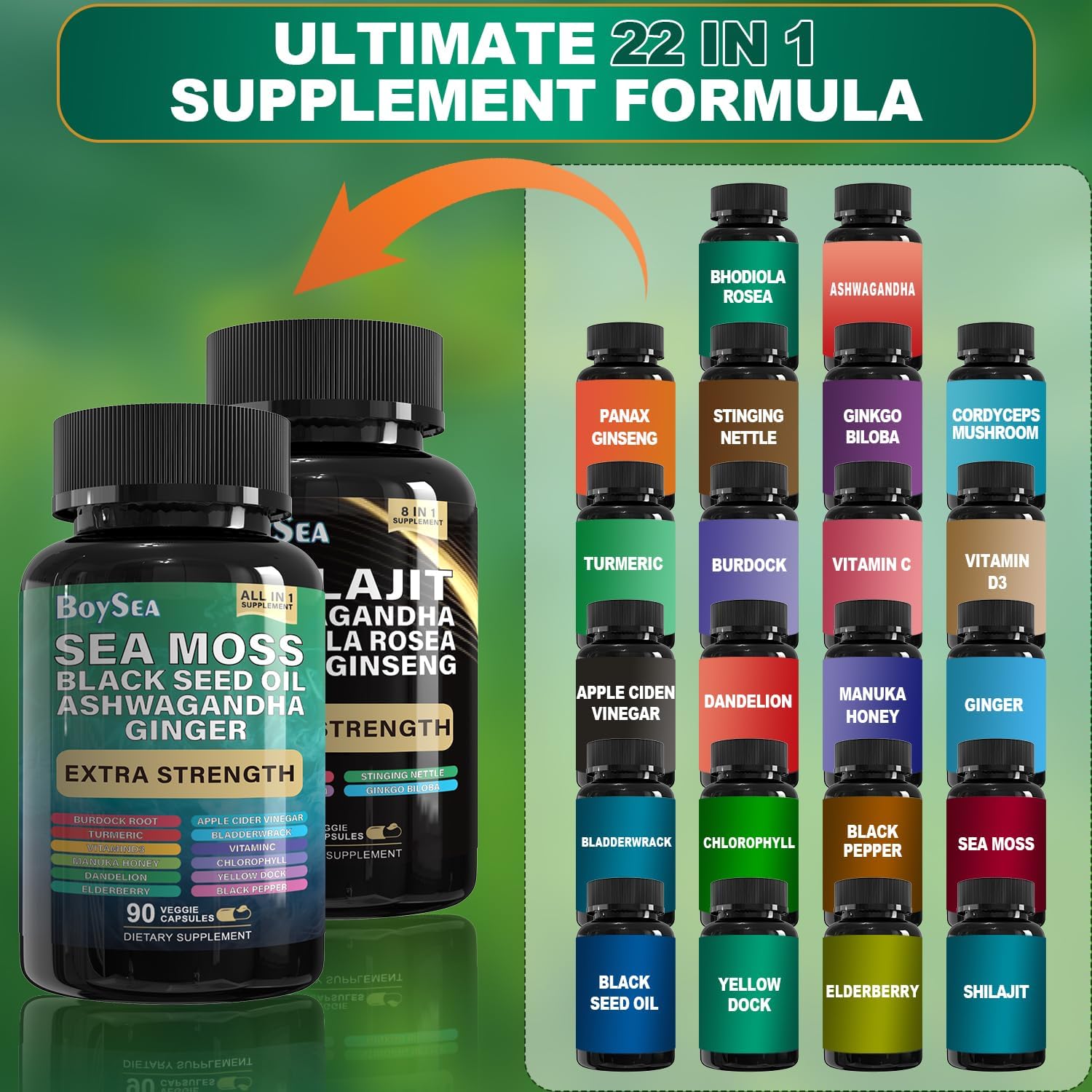 Detalle de Boysea Shilajit and Sea Moss Supplement Bundle, 180 Count, Multi-Ingredient