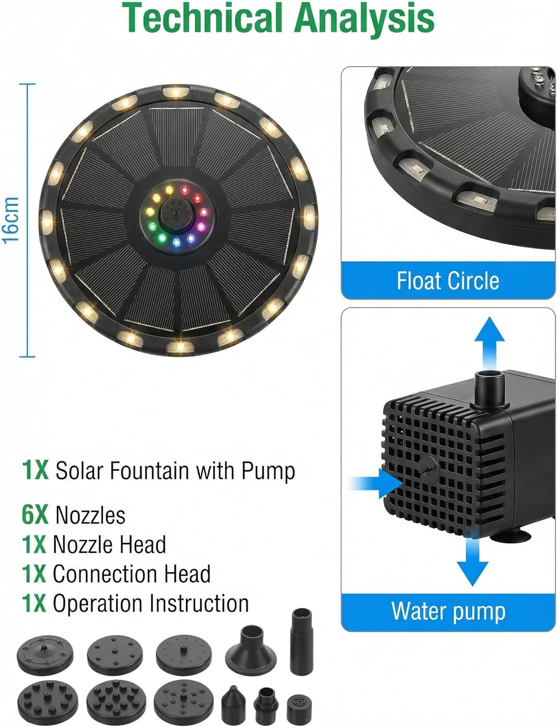 Thumbnail 1 de Solar Springbrunnen 3,5W – Solarteichpumpe mit LEDs, 6 Sprüh-Effekten & 8 bunten plus 16 warmweißen Lichtern