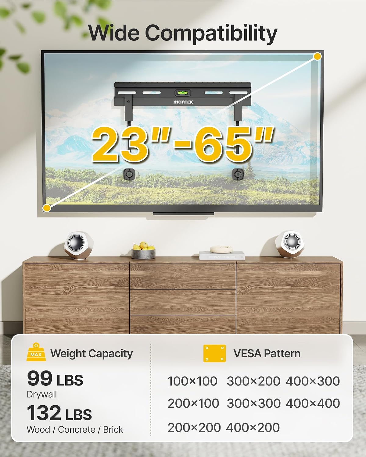 Detalle de monTEK No Stud TV Wall Mount for 23-65 Inch Flat & Curved TVs (Up to 132 lbs) — No Drill, Low Profile