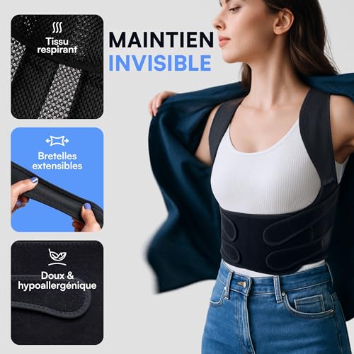 Detalle de POSTURALIS Correcteur de Posture – Ceinture Dorsale/Lombaire avec 2 Supports d'Épaules (M)