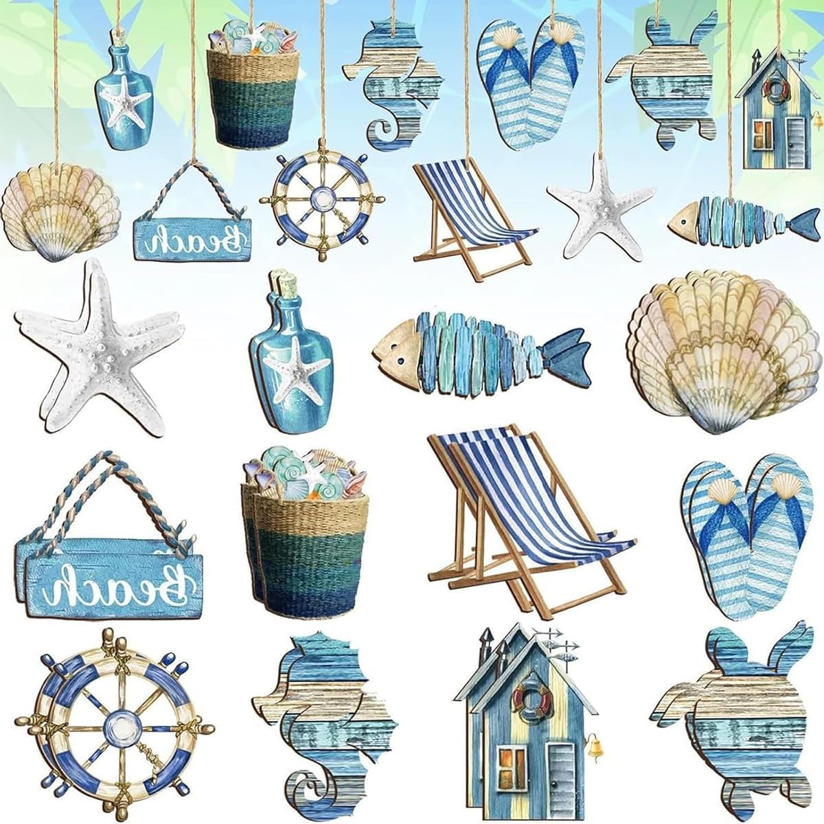 Detalle de Hundredweat houten oceaandecoratie, 24 blauwe hangornamenten