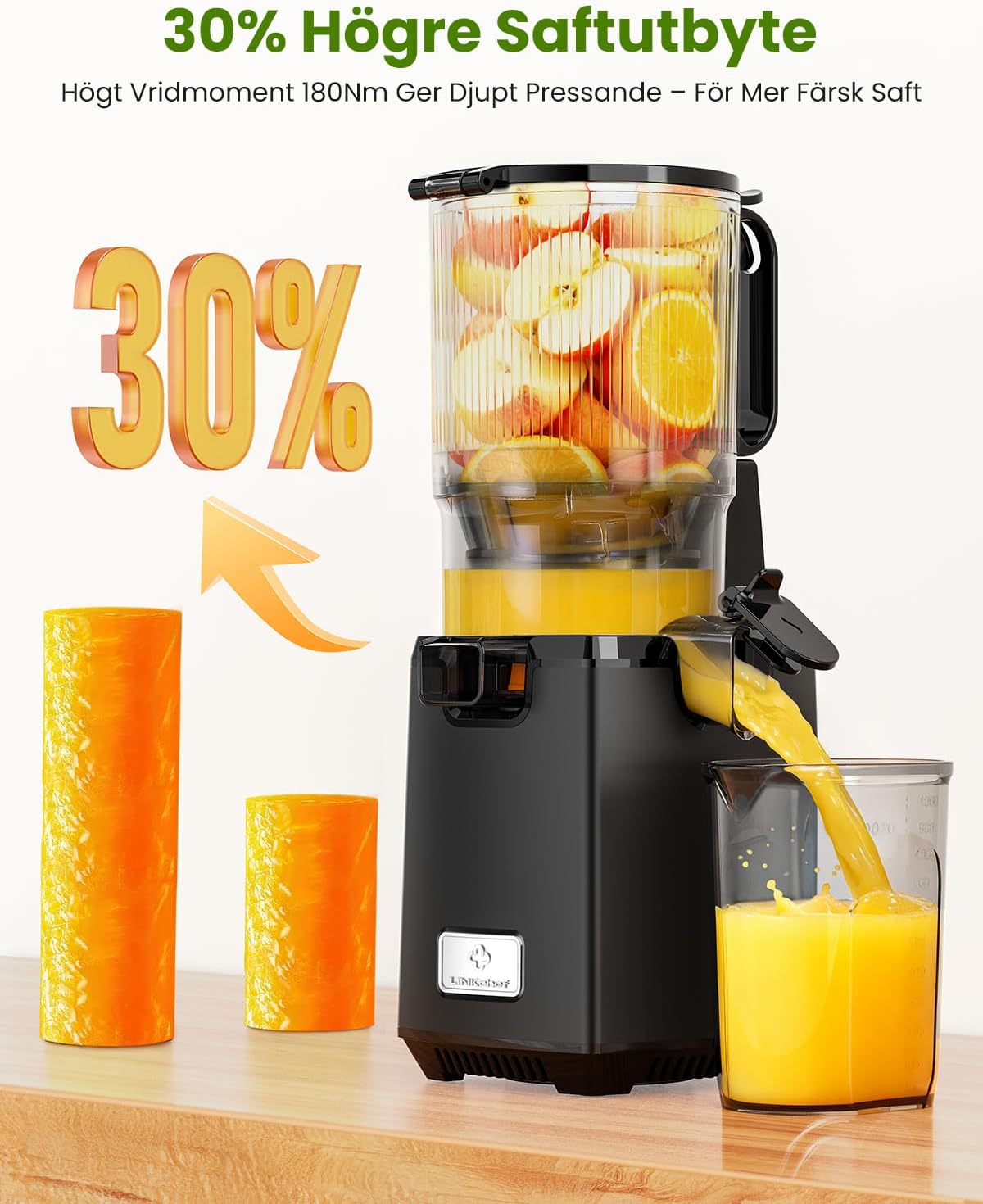 Detalle de LINKChef slowjuicer, 130 mm inmatning, 1,8 l och 250 W