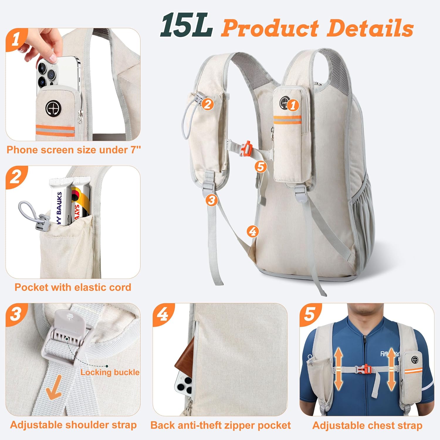Detalle 2 de BecoJADDE 15L Hiking Backpack (Foldable) – Beige mini rucksack for camping, travel and day trips