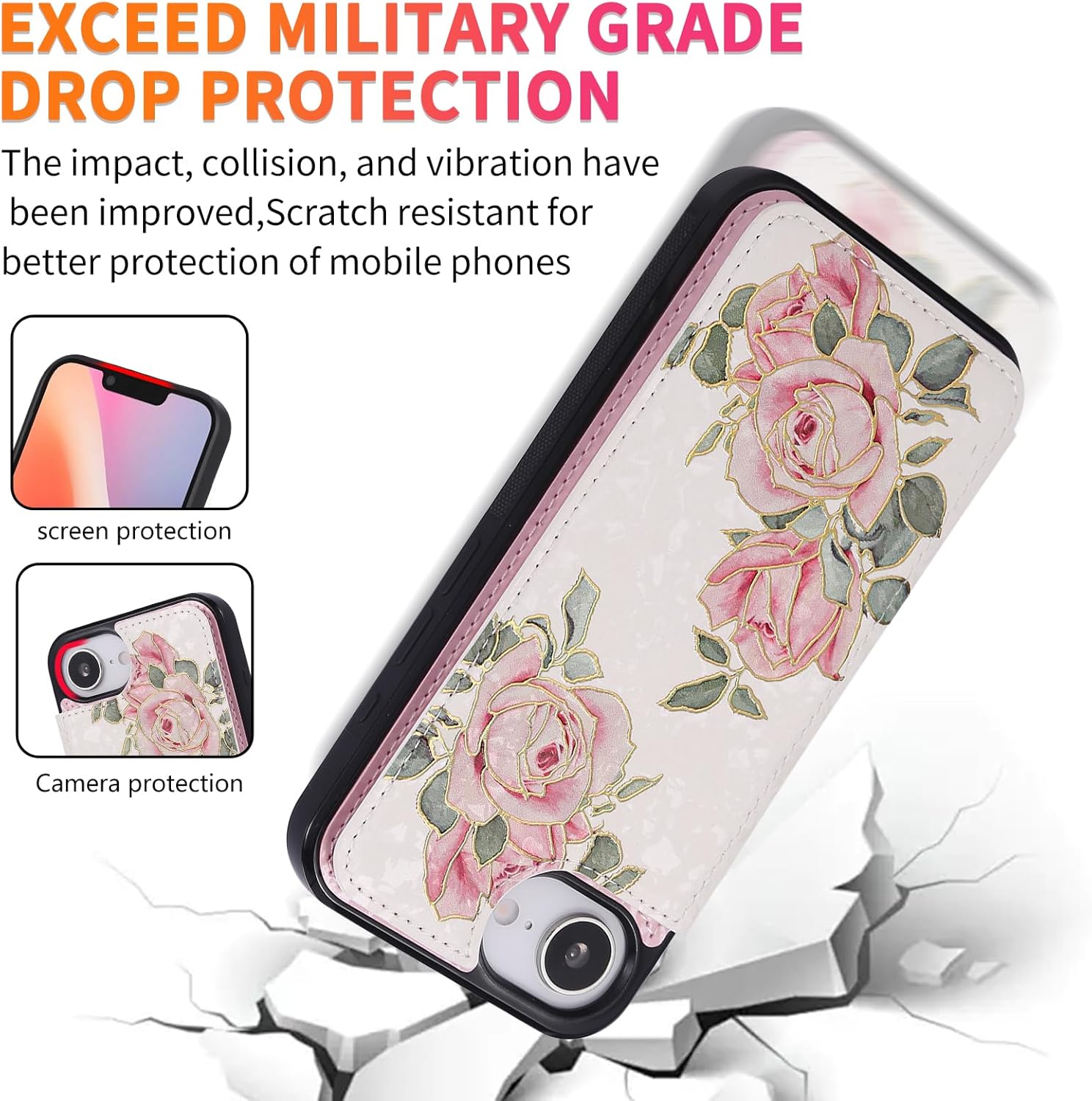 Thumbnail 3 de Asuwish Rose Wallet Case for iPhone 16e/SE 2025 with Screen Protector, 4 Card Slots and Stand