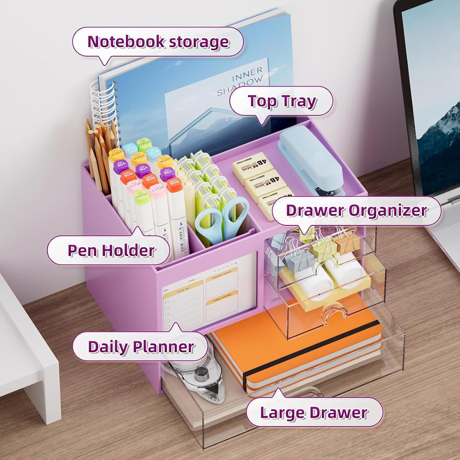 Detalle 2 de Marbrasse Schreibtisch Organizer mit 3 Schubladen – violett, große Kapazität, 20,32 × 14,23 × 15,5 cm