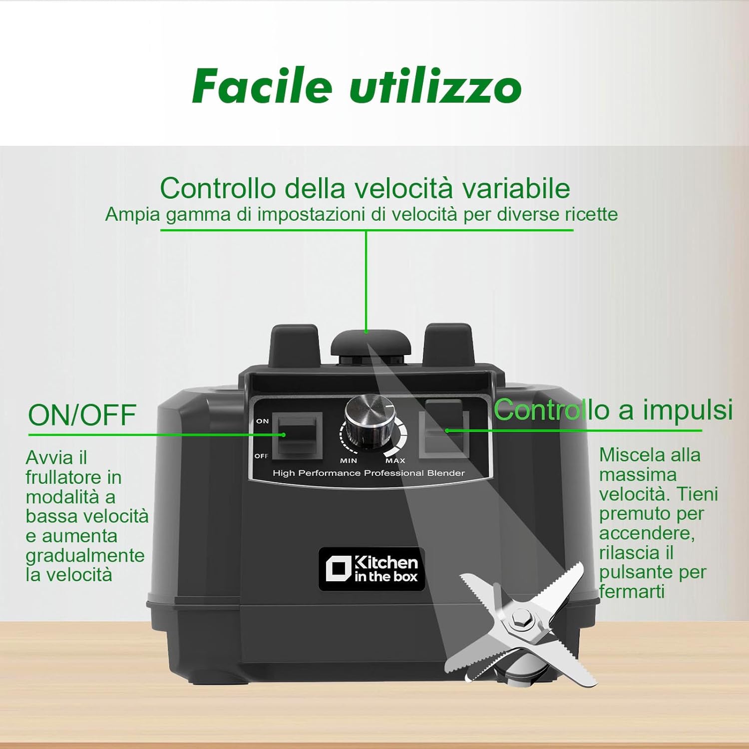 Thumbnail 3 de Kitchen in the box Frullatore Professionale 1500W da banco da 2L (2 HP), 8 lame, regolazione velocità, nero