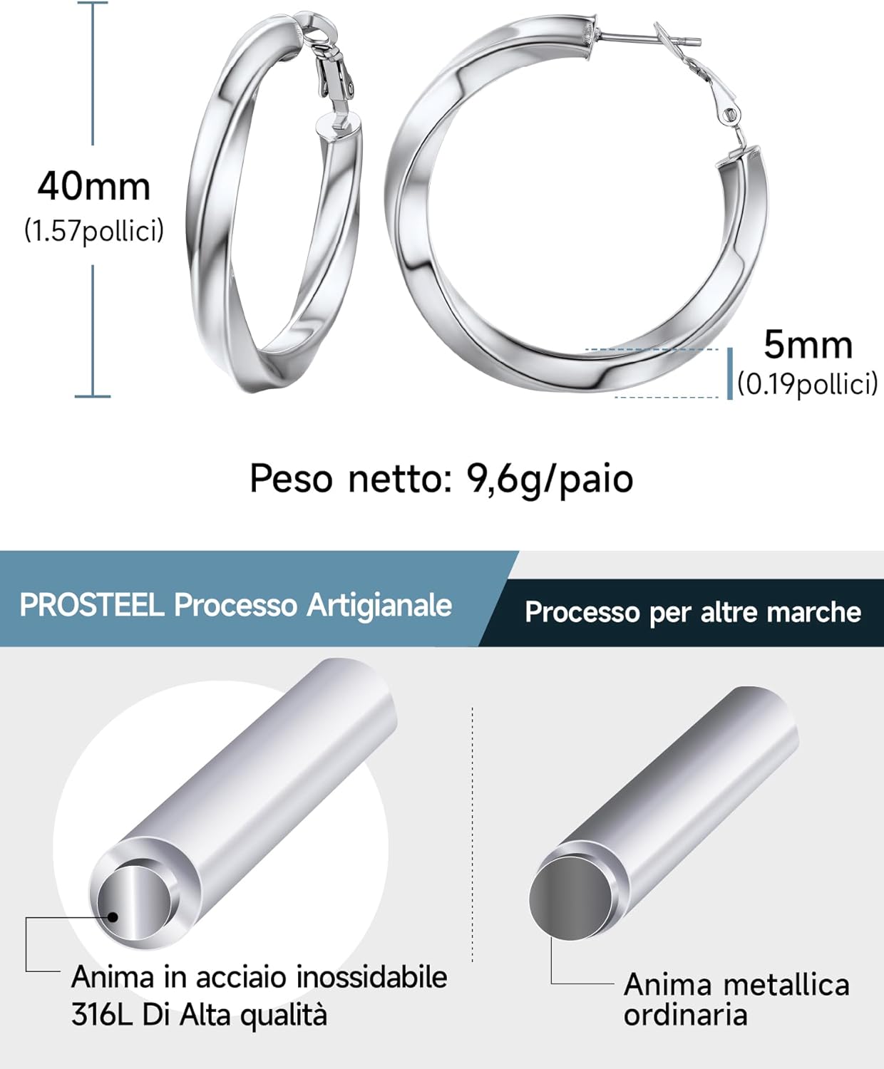 Thumbnail 6 de PROSTEEL Orecchini a Cerchio Vuoto 30/40/60/80 MM – Oversize Y2K, Leggeri e Antiallergici
