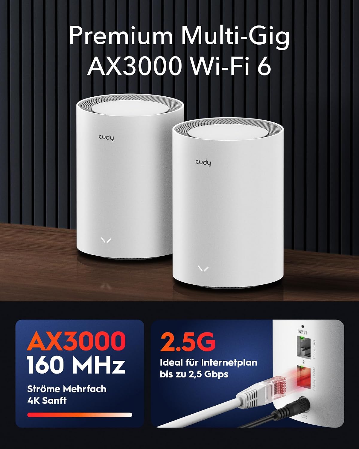 Detalle de Cudy AX3000 WiFi 6 Mesh System – AX3000 Mesh-WLAN mit 270 m² Abdeckung, 2,5G WAN, Ethernet-Backhaul und VPN-Sicherheit (M3000 3-Pack)