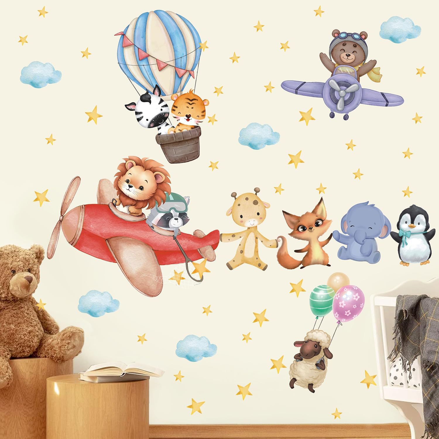 Detalle de TOARTi Flugzeug- & Tier-Wandtattoo für das Kinderzimmer – wiederablösbare Wandsticker aus PVC