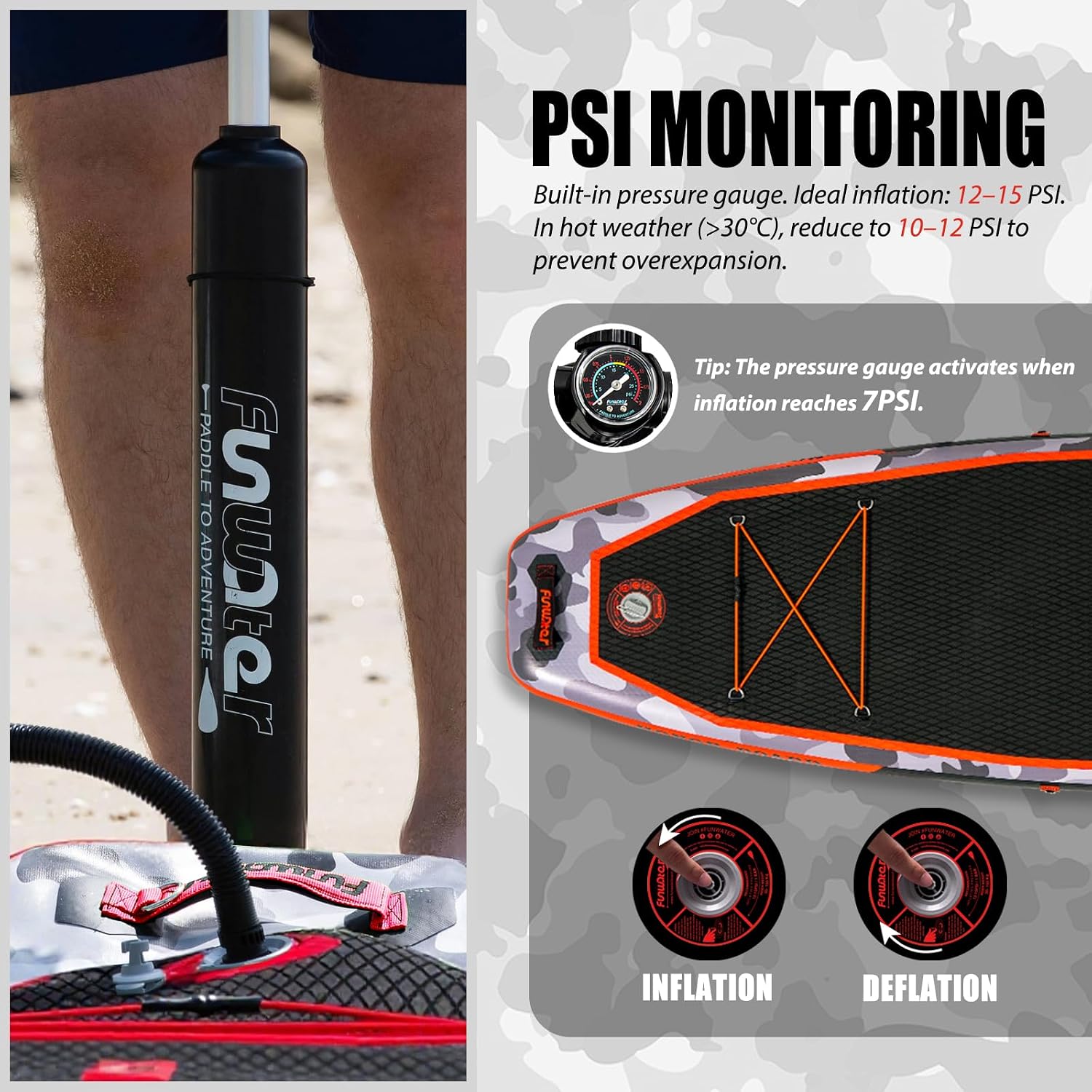 Detalle de FunWater 10'6"–11'6" SUP Board – Aufblasbares Stand-Up Paddle Board für Alle Könnensstufen