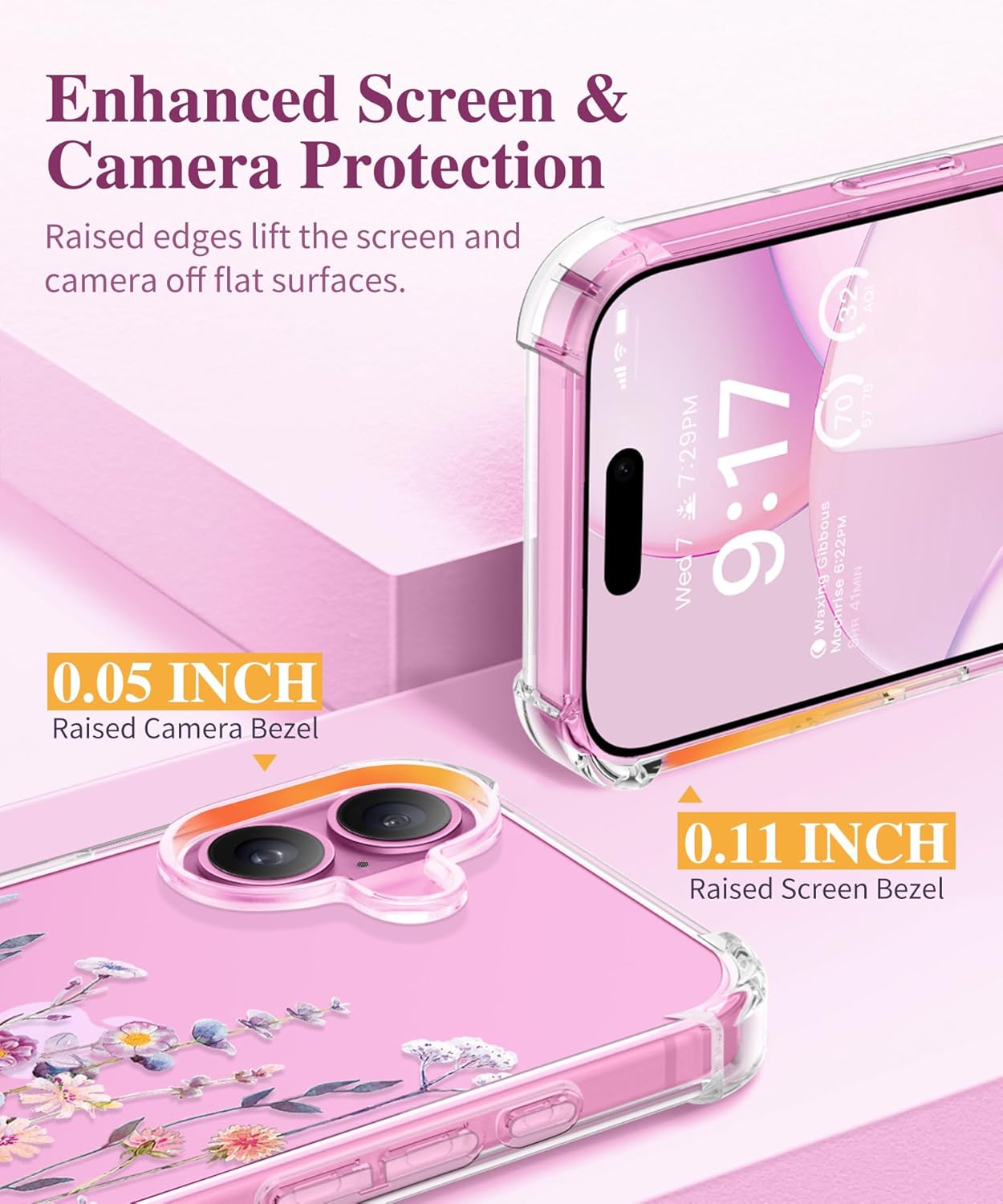 Thumbnail 6 de GVIEWIN iPhone 16 clear floral case with 2024 camera protector