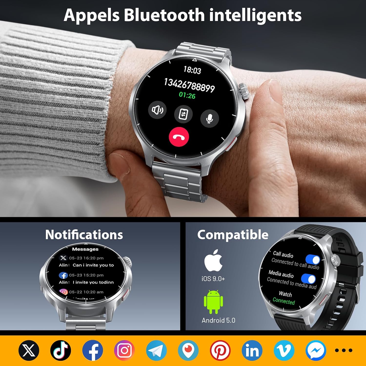 Detalle de Montre connectée homme 1,52" HD avec appels Bluetooth et batterie 1000 mAh