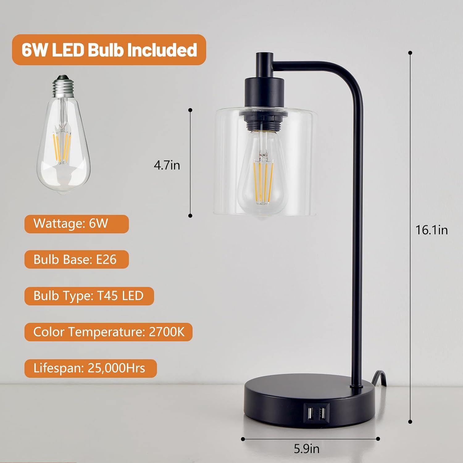 Thumbnail 4 de SANGFOR XLGZ-L1-013BK Table Lamp Set of 2 with Glass Shades, Touch Dimming and USB