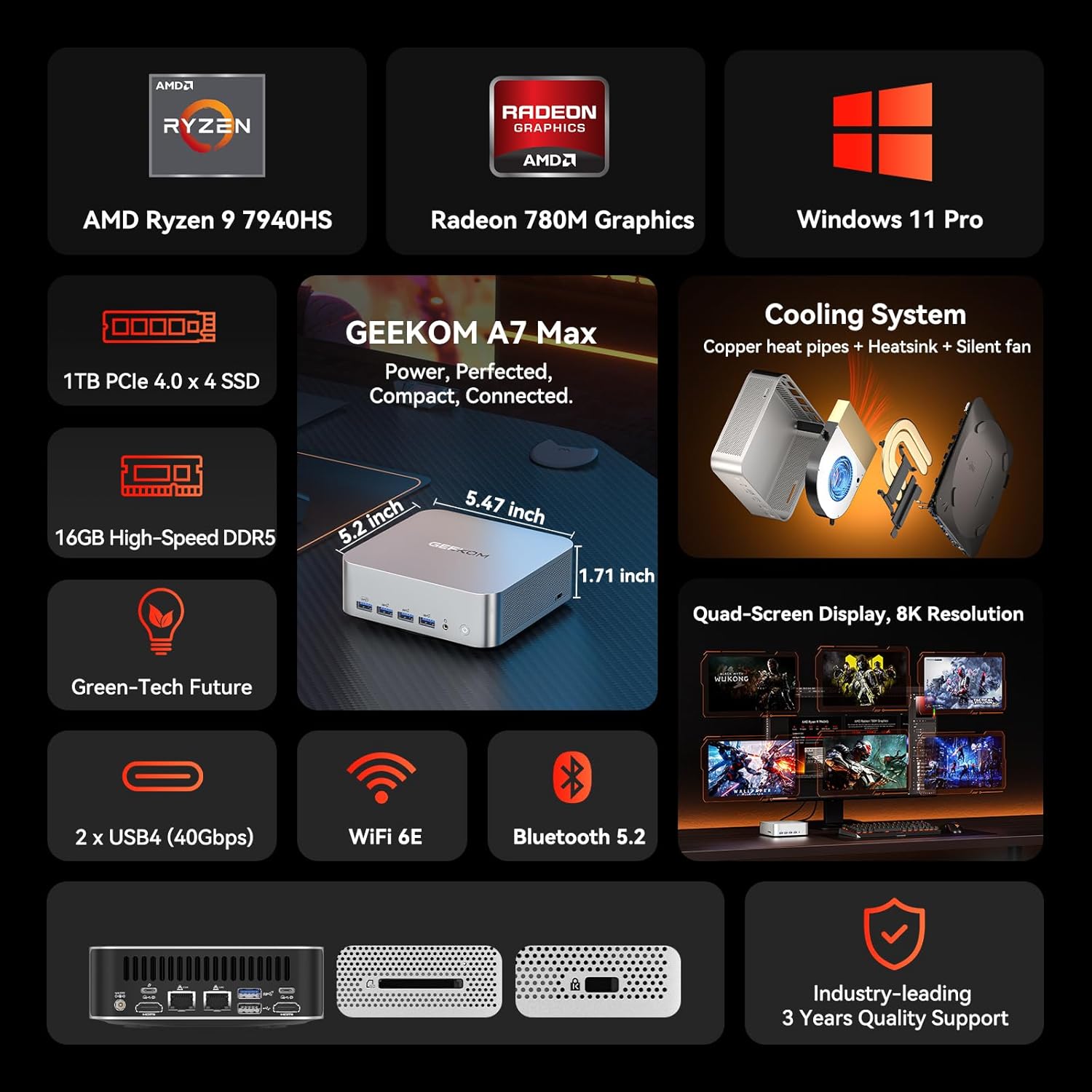 Thumbnail 1 de GEEKOM [2026 Edition] Mini PC AI A7 MAX with AMD Ryzen 9 7940HS, 16GB DDR5, 1TB SSD (Expandable) — Radeon 780M, USB4, 8K/Quad Display